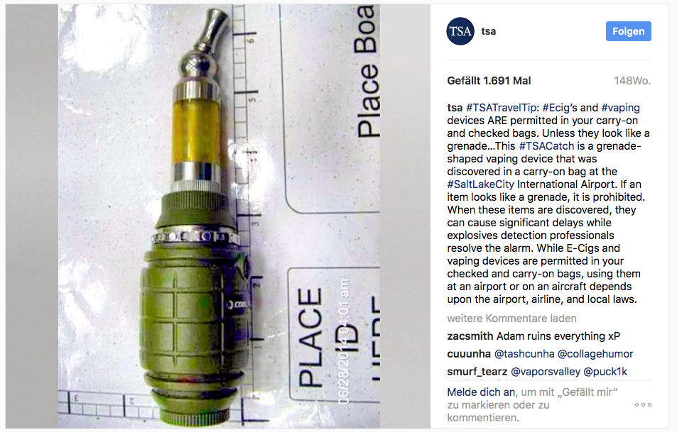 Sicherheitskontrolle am Flughafen mit Granaten E-Zigarette